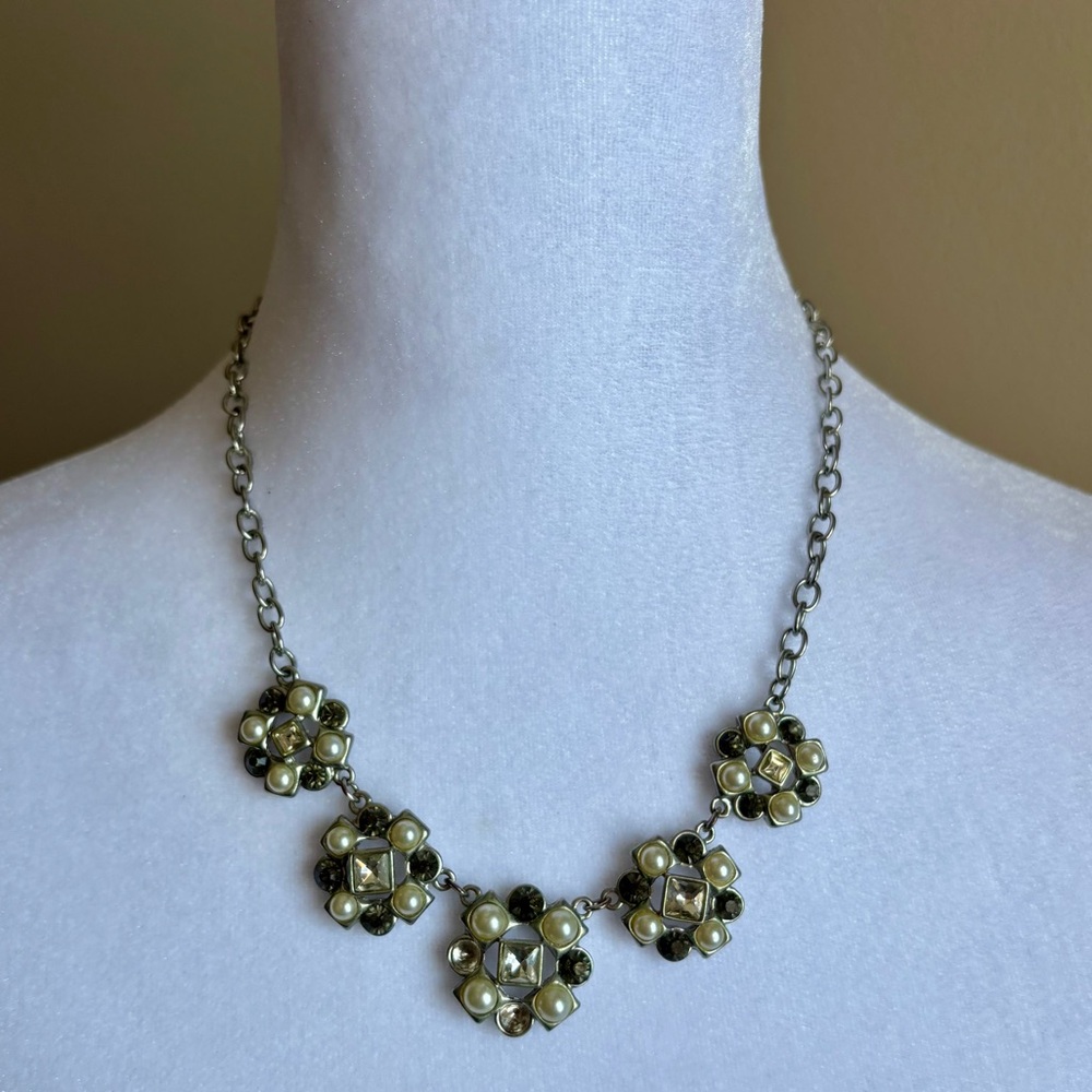 Floral Rhinestone Necklace Silver Tone Statement Jewelry